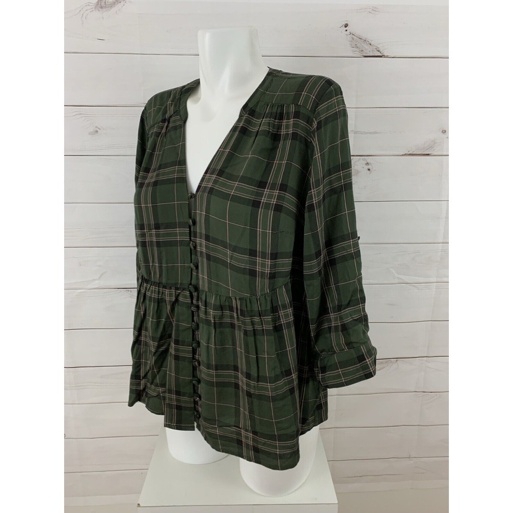 Torrid Womens 3/4 Sleeve Roll Tab Army Green Plaid Button Down Top Shirt Plus 00 - Picture 4 of 8